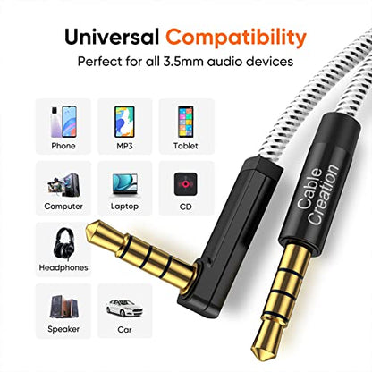 CableCreation 3.5mm TRRS Auxiliary Audio Cable 10FT/3M, 90 Degree Right Angle 4-Conductor Auxiliary Stereo Cable (Microphone) for Car Headphones,Speaker,Tablets,Laptops,Smart Phones, Black and White - size: 10 Feet