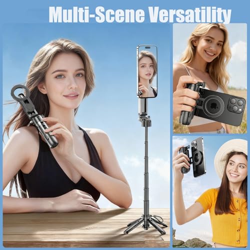 4 in 1 Magnetic Tripod Pocket Selfie Stick Extends to 1.5ft (47.5cm) Cell Phone Stand Portable Camera Grip Handle with Wireless Detachable Remote Control for Photograph/Live Streaming/Video