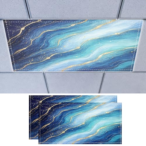 Nuxovilar 2 pack Light Cover Blue Gold Marble Swirl Polyester 4x2 Feet Classroom Light Filters Decor for Office Home Studio - color: LU14281-2pcs