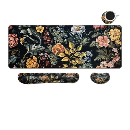 MIBITRI Keyboard Mouse Pad Set, Extended Gaming Mouse Pad+Ergonomics Keyboard Wrist Rest Support, Memory Foam, Easy Typing Pain Relief, 4Pcs XXL Ultra Thick Desk Mat, Elegant Flowers - color: Elegant Flowers