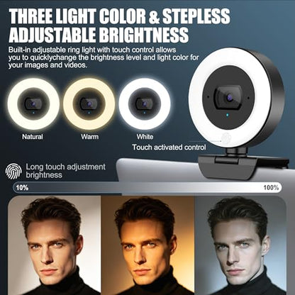 4K Webcam with Ring Light, PDAF Autofocus Streaming Camera for PC | 1080P 60FPS, Built-in Privacy Cover, Dual Omnidirectional Mics, USB Plug-and-Play for Zoom,Laptop,Conference,Meeting,Desktop