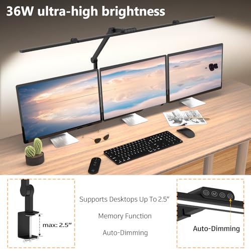 3000 Lumen Ultra Bright Architect Desk Lamp with Clamp, 36W Tall Overhead Led Desk Light for Home Office, 47Inch Long Dimmable Computer Monitor Light Bar with Remote for Table Desktop Drafting - color: Black