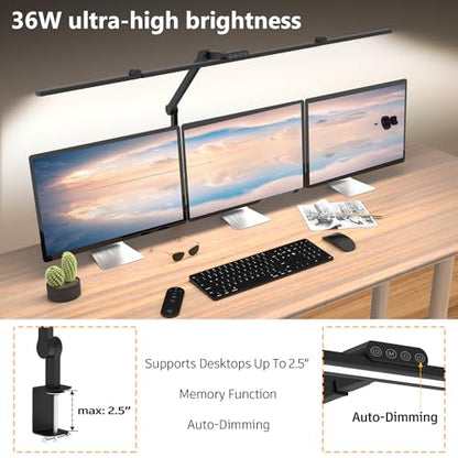 3000 Lumen Ultra Bright Architect Desk Lamp with Clamp, 36W Tall Overhead Led Desk Light for Home Office, 47Inch Long Dimmable Computer Monitor Light Bar with Remote for Table Desktop Drafting - color: Black