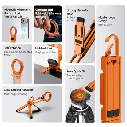 COMAN DP58 Magnetic Phone Tripod, Aluminum MagSafe Tripod Stand with Carabiner, Mini Portable Travel Pocket Stand for iPhone & Non-Magnetic Phones with Included Ring - color: Orange