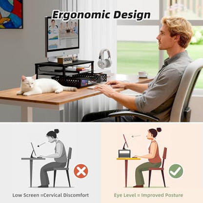 Simple Trending Desk Organizer and Accessories, 2-Tier Computer Monitor Stand Riser with Drawer, Office Desk Accessories & Workspace, Laptop & Printer Stand for Desktop, Black - size: 16.34"W x 10.35"D x 3.5"H