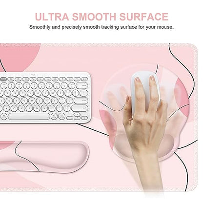 iCasso Large Gaming Mouse Pad Wrist Support Set, Desk Mat, 4in1 XXL Mousepad + Keyboard Wrist Rest+Mouse Wrist Rest+Coaster Set with Ergonomic Design for Home Office Table Computer-Pink Art - color: Pink Art