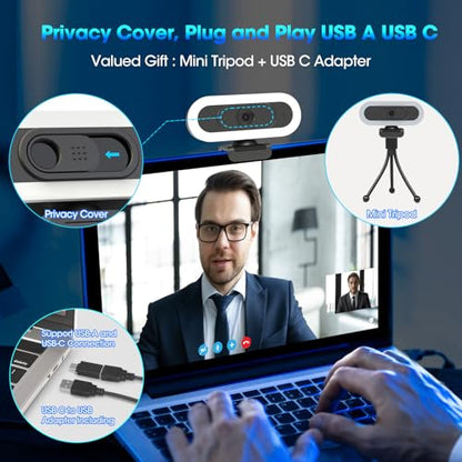 ToLuLu Streaming Webcam 2K 50FPS Web Cam, LED RGB Webcam with Microphone and Light, Autofocus Computer Camera with Cover and Tripod, Plug-Play USB Web cam for PC Desktop/MacBook Gaming Video Calling - style: 2K Autofocus RGB Ring Light webcam