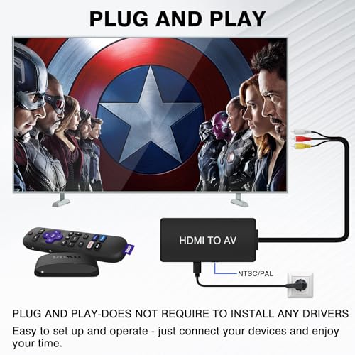 HDMI to RCA Converter, HDMI to AV 3RCA CVBs Composite Video Audio Converter Adapter for Old TV Compatible PAL/NTSC for Roku, Android TV Box, DVD ect - color: black
