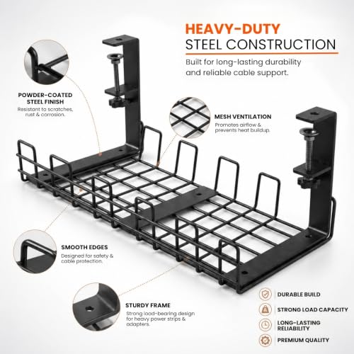2 Pack Under Desk Cable Management Tray, No Drill Metal Cord Organizer with Clamp Mount, Wire Management Rack for Home Office PC Setup, Black