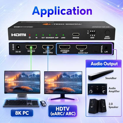 J-Tech Digital 8K HDMI Audio Extractor with eARC ARC 8K 60Hz 4K 120Hz, HDMI to Optical L/R Converter Adapter, HDCP 2.3 HDR CEC EDID [JTECH-8KAE] - size: 8K 60Hz