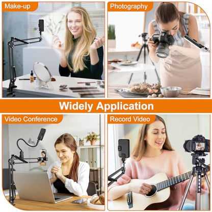 Overhead Phone Mount with 60 LED Portable Selfie Light and Phone Holder for Desk, Camera Mount Arm Stand with Remote, Overhead Stand for Video Recording, Live Streaming, TikTok, YouTube and Cooking