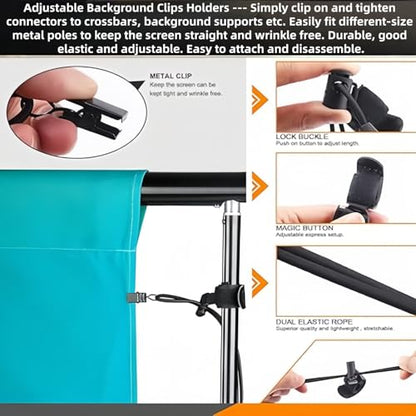4 in Plastic Heavy Duty Spring Clips for Crafts, Adjustable Elastic Nylon PhotoClips for Photography & Video Studio,10Heavy Duty Spring Clips & 6Backdrop Clip Holders