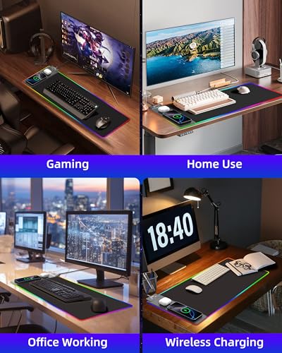 ExtreLife Wireless Charging Mouse Pad, RGB Gaming Mousepad, 31.5"x11.8" Extra Large Desk Mat, 13 Light Modes, Ultra-Smooth Surface, Non-Slip Base, Waterproof Computer Keyboard Pad for Laptop, Black - color: Black-31.5"x11.8"