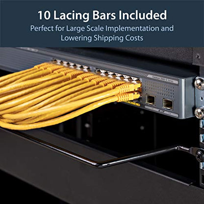 StarTech 10-Pack Lacing Bar with 4in Offset for 19in Rack, Steel (CMLB104) | 10.2cm offset at 75 degrees, Server rack cable management, Network rack-mount cord organizer, Each 1/3 of 1U - style: 4in offset