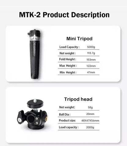 Portable & Sturdy Adjustable Phone Tripod,Cell Phone Mount Easy to Adjust 360° Ball Head, Mini Tripod with Cold Shoe Mount, 1/4'' Screw for Magic Arm,Selfie Stick Stand for Smartphone DSLR Camera