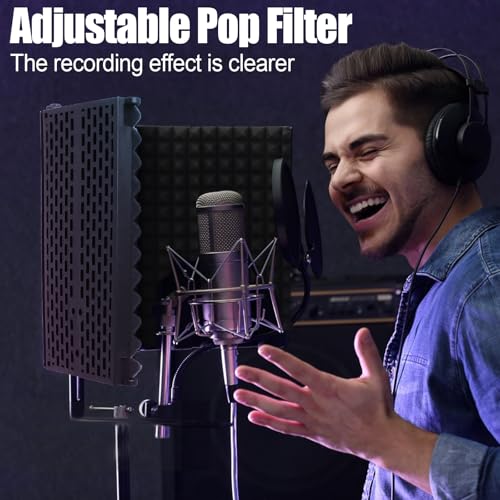 Microphone Isolation Shield, 5-Fold Adjustable Portable Reflection Filter with Tripod Stand & Pop Filter for Home Studio, Podcasting, Streaming, Fits Most Condenser Microphones