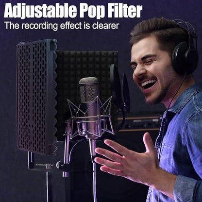 Microphone Isolation Shield, 5-Fold Adjustable Portable Reflection Filter with Tripod Stand & Pop Filter for Home Studio, Podcasting, Streaming, Fits Most Condenser Microphones