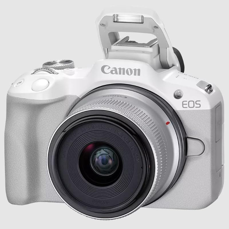 Canon EOS R50 Mirrorless Camera (White) with RF-S 18-45mm F4.5-6.3 is STM Lens 5812C012 Bundle with Deco Gear Photography Bag + Microphone + Tripod + Premium Photography Pro Ebook & Accessories Kit - color: White