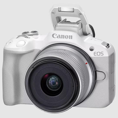 Canon EOS R50 Mirrorless Camera (White) with RF-S 18-45mm F4.5-6.3 is STM Lens 5812C012 Bundle with Deco Gear Photography Bag + Microphone + Tripod + Premium Photography Pro Ebook & Accessories Kit - color: White