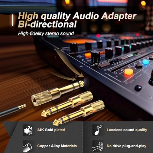 3-Pack 6.35mm Male to 3.5mm Female (1/4 in to 1/8 in) Stereo Headphone Adapter, Audios Jack Adapter, Thickened Gold Plated Hi-Fi for Auxiliary Cables, Amplifiers, Guitars, Digital Pianos.