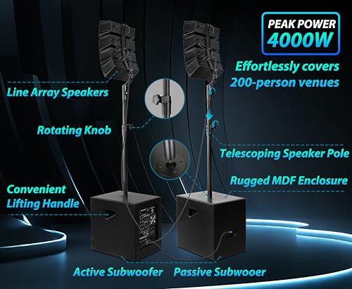 PRORECK Club 3000 12-Inch 4000w DJ Powered PA Speaker System Combo Set with Bluetooth USB Drive Read Function SD Card Remote Control,Two subwoofers and 8 line Array Speakers Set for Church, DJ, Live