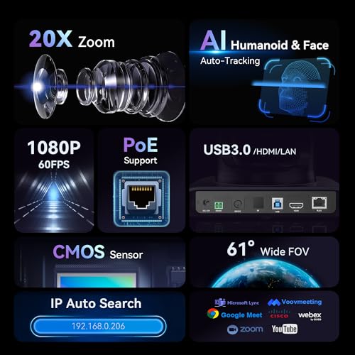 Tenveo HDMI/USB3.0/LAN(PoE) PTZ Camera AI Humanoid & Face Auto-Tracking, 20X Optical Zoom PTZ Camera IP Live Streaming, FHD 1080P 60FPS, for Church Services Worship Video Conference Live Streaming - color: Classic Black