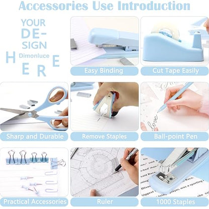 Dimonluce Blue Desk Accessories, Blue Office Supplies Accessories with Tape Dispenser, Stapler, Staple Remover, 1000 Staples, Tape, Clips Set, Ruler, Scissor, Pen - color: Blue