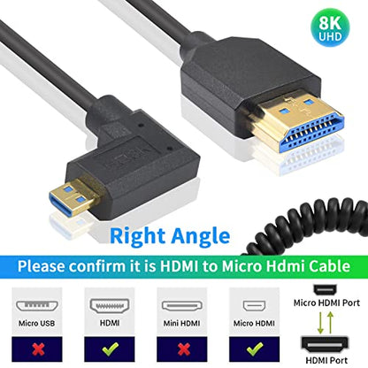 Duttek 8K Micro HDMI to HDMI Coiled Cable 8K@60Hz, 48Gbps, Right Angle HDMI to Micro HDMI 2.1 Cable for Camera, GoPro Hero, Raspberry Pi 5 4 1FT-3FT - style: Right Angle Micro HDMI Male to HDMI Male