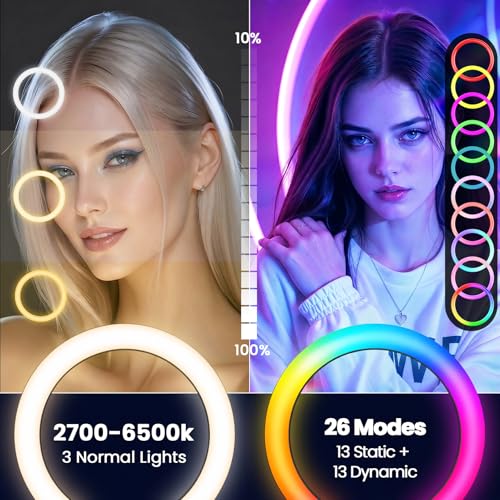 PEYOU 12" Selfie Ring Light with 73" Extendable Tripod Stand and Phone Holder, 38 Color Modes Dimmable RGB Ring Light,3-in-1 Desk & Floor Use for iPhone, Makeup, TikTok, YouTube, Live Streaming