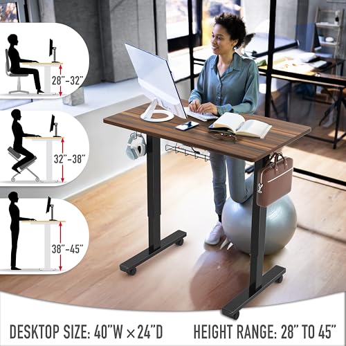 SHW 40-Inch Mobile Electric Height Adjustable Sit to Stand Desk with Drawer, Hanging Hooks and Cable Management, Walnut - color: Walnut