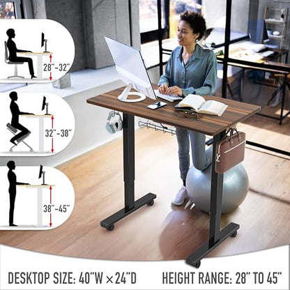 SHW 40-Inch Mobile Electric Height Adjustable Sit to Stand Desk with Drawer, Hanging Hooks and Cable Management, Walnut - color: Walnut