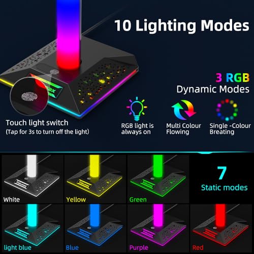RGB Gaming Headphone Stand with Charging Hub, Headset Holder for Desk with Controller Organizer, 3 Ports USB-A and USB-C, 10 Lighting Modes, Touch Control for PS5 Xbox PC Gaming Setup