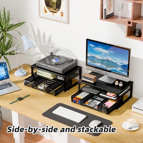 Simple Trending Desk Organizer and Accessories, 2-Tier Computer Monitor Stand Riser with Drawer, Office Desk Accessories & Workspace, Laptop & Printer Stand for Desktop, Black - size: 16.34"W x 10.35"D x 3.5"H