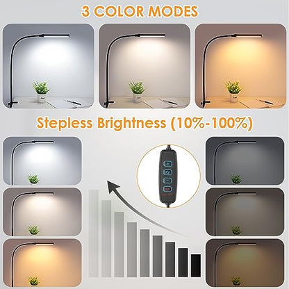 ShineTech LED Desk Lamp with Clamp, Eye-Caring Clip on Desk Light with 3 Color Modes & Stepless Dimming, 360° Flexible Gooseneck Desk Lamp for Home Office College Dorm with USB Adapter - color: 3CCT in One (3000K/4000K/6000K)
