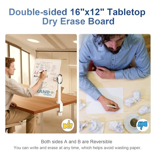Double-Sided Desk Whiteboard with Dual 360 Swivel - 16" x 12" Clamp-On Desktop Whiteboard for Tables Under 2.3" Thick for Office, Home, School (2pc)