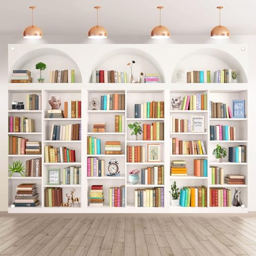 White Library Bookshelf Photo Backdrop, Modern Theme, 7x5FT | Zoom Background for Home Office, Vinyl, for Video Conference, Recording, Book Party Decor