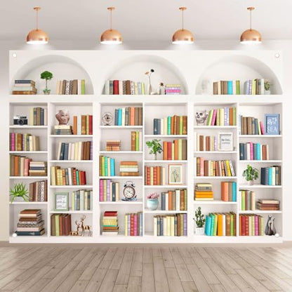 White Library Bookshelf Photo Backdrop, Modern Theme, 7x5FT | Zoom Background for Home Office, Vinyl, for Video Conference, Recording, Book Party Decor