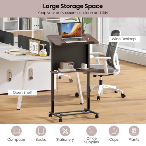Giantex Mobile Podium Stand, Adjustable Rolling Laptop Desk with 4 Wheels & Tilting Desktop, Sit-to-Stand Lectern Podium Standing Desk w/Storage Shelf & Cable Hole for Classroom Church Home Office (1)