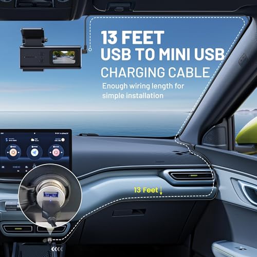 EWAY Mini USB Dash Cam Power Cable 13ft, for Rexing V1 Pro V5 V3 Byakov S6 Rove R2-4K Dashcam Dashboard Camera Recorder, USB 2.0 A to 90 Degree Left Angle Mini-B Charging Cord Car Charger Adapter