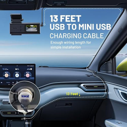 EWAY Mini USB Dash Cam Power Cable 13ft, for Rexing V1 Pro V5 V3 Byakov S6 Rove R2-4K Dashcam Dashboard Camera Recorder, USB 2.0 A to 90 Degree Left Angle Mini-B Charging Cord Car Charger Adapter