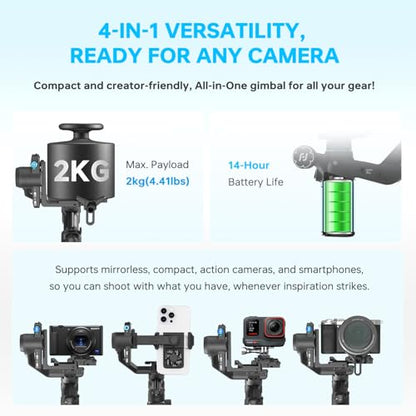 FeiyuTech SCORP Mini 3 Pro Gimbal Stabilizer/AI Tracking 4.0&Detachable Smart Handle|Holds Mirrorless Cameras,Smartphones,Action Cam up to 4.4lbs|Wireless Control,No App Gestures,Cooling Mount