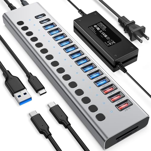 Powered USB Hub 10Gbps, 17 Ports 96W USB 3.2 Hub(10 USB-A 3.2 Ports+3 QC 24W Fast Charging Ports+2 USB-C 3.2 Ports+SD/TF Card Reader), 12V/8A Power Adapter for Laptop, PC, Computer, HDD,Flash Drive - color: Silver