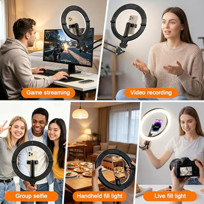 Magnetic Overhead Ring Light for Desk, 10” Selfie Light for iPhone | Built-in 5000mAh Battery, Power Display 360°, Rotation 180°Adjustable, for Selfies, Live Streaming, TikTok & Cooking Videos