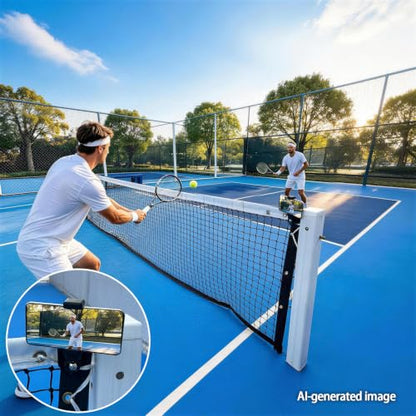 360° Adjustable Dual-Use Phone Holder,Tennis Net & Chain Fence Camera Mount | 360° angle adjustment | Fits phones & action cameras | Dual-use tennis net & chain-link | Standard 1/4"-20 screw interface