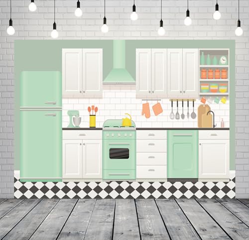5x3ft Fabric Home Kitchen Backdrop Cartoon Christmas Kitchen Backdrop for Photography Xmas Birthday Party Decorations Baking Room Background for Kids Video Photo Shoot Props - size: 5x3FT
