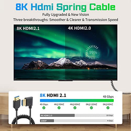 Duttek 8K Right Angle HDMI Cable 1FT-4FT, Coiled HDMI Cable 48Gbps, Extreme Thin HDMI Male to Male Coiled Cable Support Dynamic HDR, Has 8K@60Hz Resolution Backward Compatible 4K Ultra HD, 1080p, 3D - style: Right Angle HDMI Male to Male