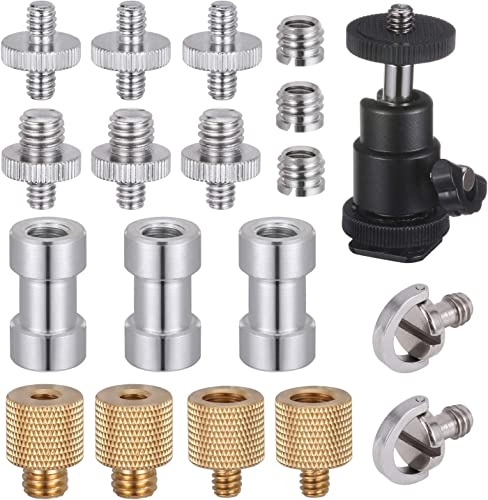 Camera Screw Adapter, KWOKWEI 19pcs 1/4 Inch and 3/8 Inch Converter Female Male Threaded Screws Mount Set, Metal Thread Adapter Converter 360°Camera Ball Head for Monopod, Ball Head - style: B-19Pack