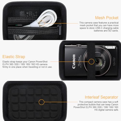 RAIALL Carrying Case for Canon PowerShot ELPH 360 HS A/IXY 650/ Canon IXUS 285 HS/Sony DSCW830/ CAMKORY/VAHOIALD Digital Camera, Vlogging Camera Travel Bag, Mesh Pocket for Batteries, Black - color: Black