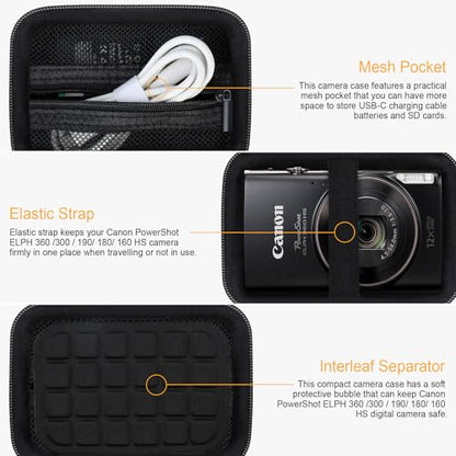 RAIALL Carrying Case for Canon PowerShot ELPH 360 HS A/IXY 650/ Canon IXUS 285 HS/Sony DSCW830/ CAMKORY/VAHOIALD Digital Camera, Vlogging Camera Travel Bag, Mesh Pocket for Batteries, Black - color: Black