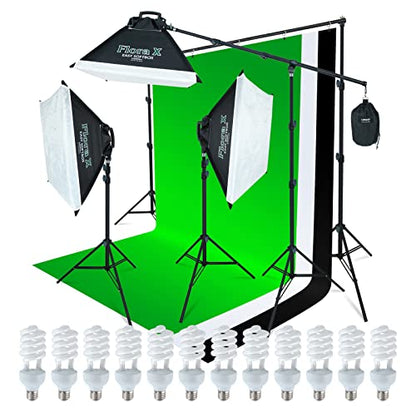LINCO Lincostore 2000 Watt Photo Studio Lighting Kit with 3 Color Muslin Backdrop Stand Photography Flora X Fluorescent 4-Socket Light Bank and Auto Pop-Up Softbox - Only Takes 3 Seconds to Set-up